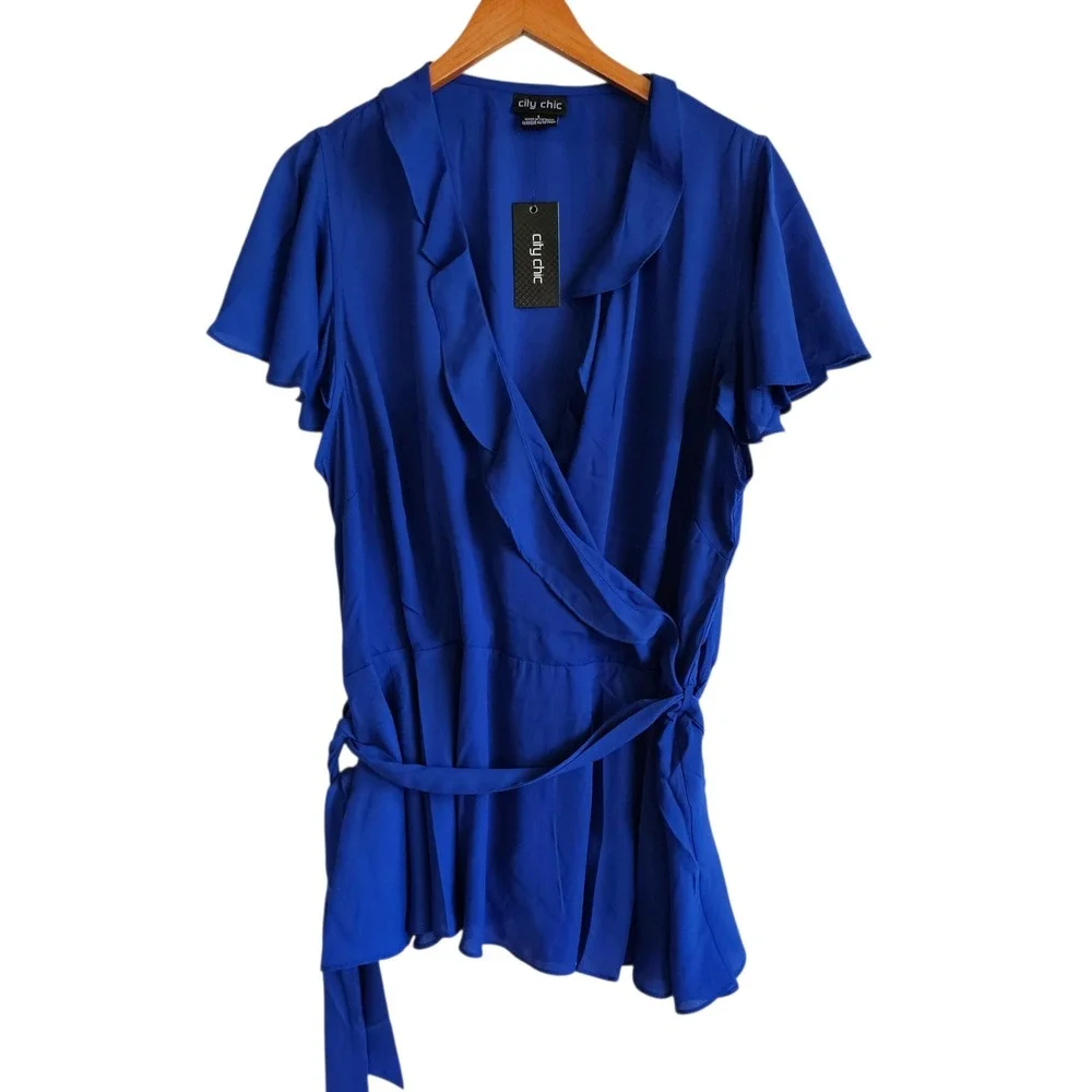 City Chic Women's Blue Ruffle Wrap Blouse Top Plus Size 2X 20 NWT - Picture 4 of 13